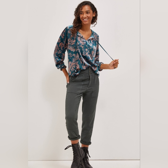 Anthropologie Faustine Blue Pink Velvet Peasant Blouse Women's Size Large NWT - Picture 2 of 15